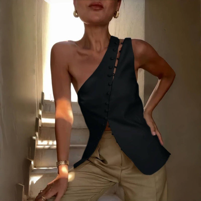 Haut Femme Asymétrique Blanc – Top Chic à Une Épaule avec Boutons