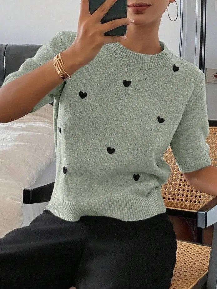 Womens Crew-Neck Pullover Heart Jacquard Knitted Sweater Braceora