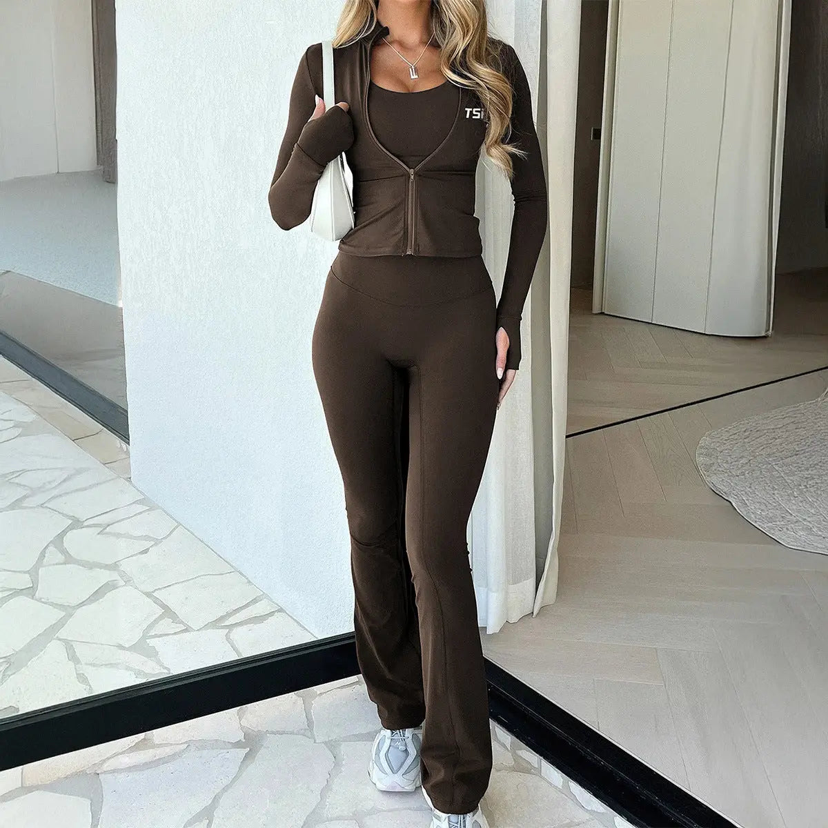Womens Solid-Color Casual Sport Jacket And Pants Set Braceora