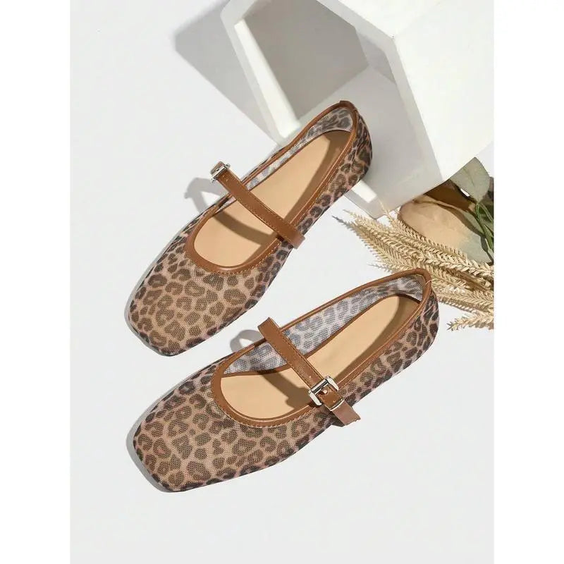 Leopard Print Mesh Breathable Women's Flat Sandals Mary Jane Braceora