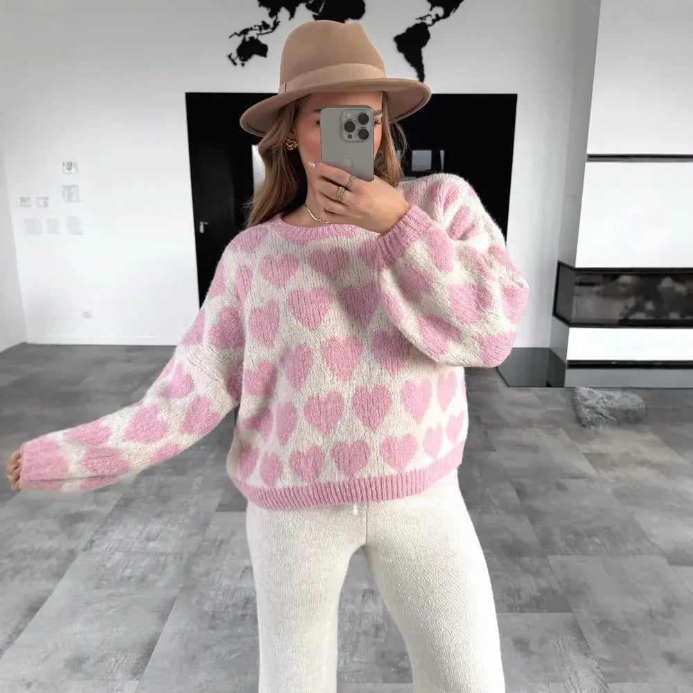 Heart Jacquard Color Contrast Short Knitted Valentine's Day Sweater Braceora