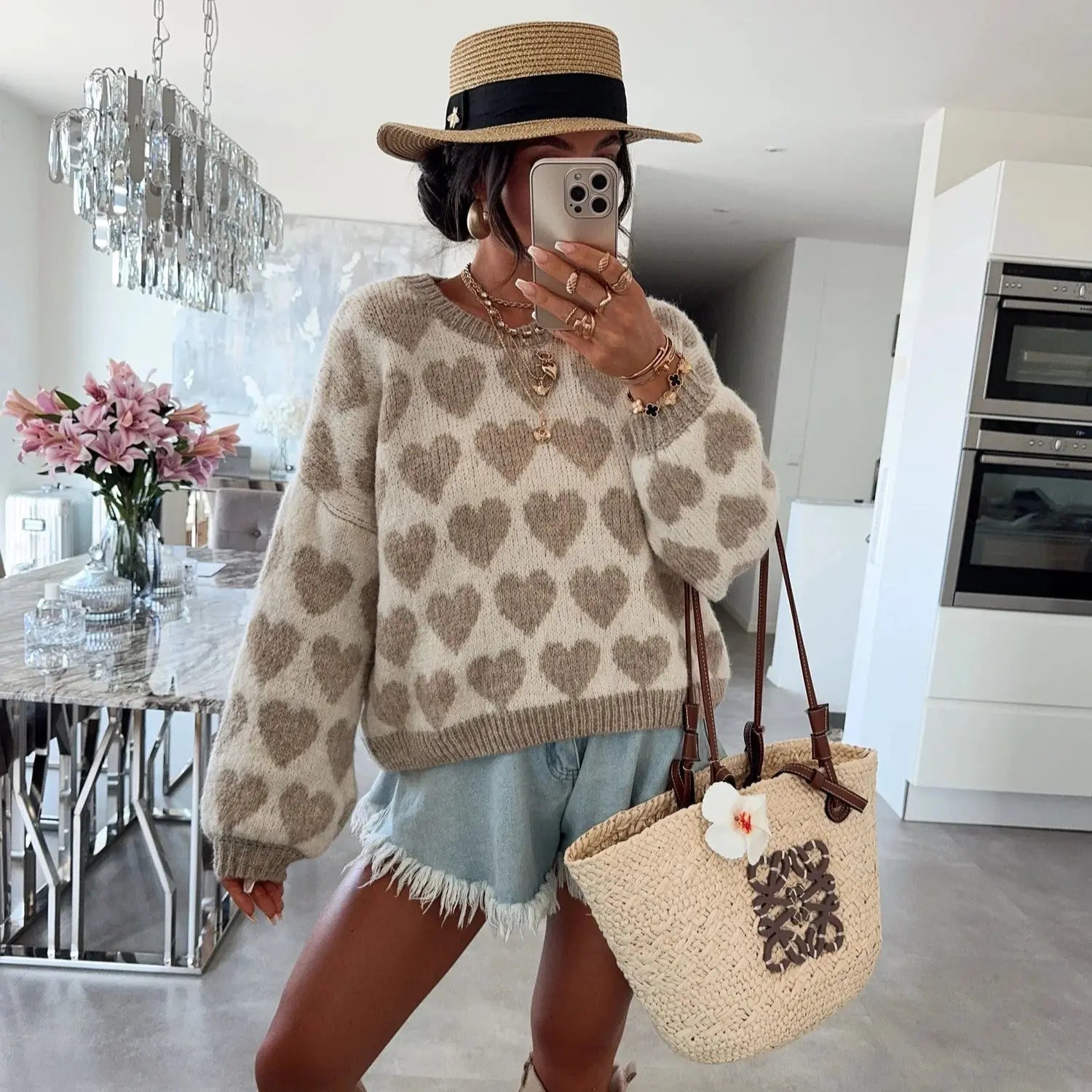 Heart Jacquard Color Contrast Short Knitted Valentine's Day Sweater Braceora
