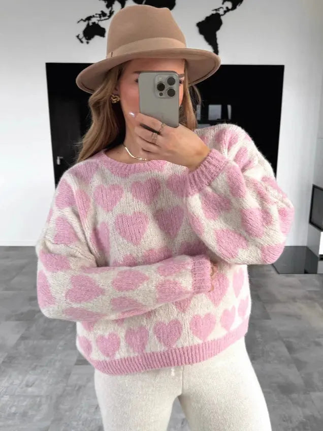 Heart Jacquard Color Contrast Short Knitted Valentine's Day Sweater Braceora