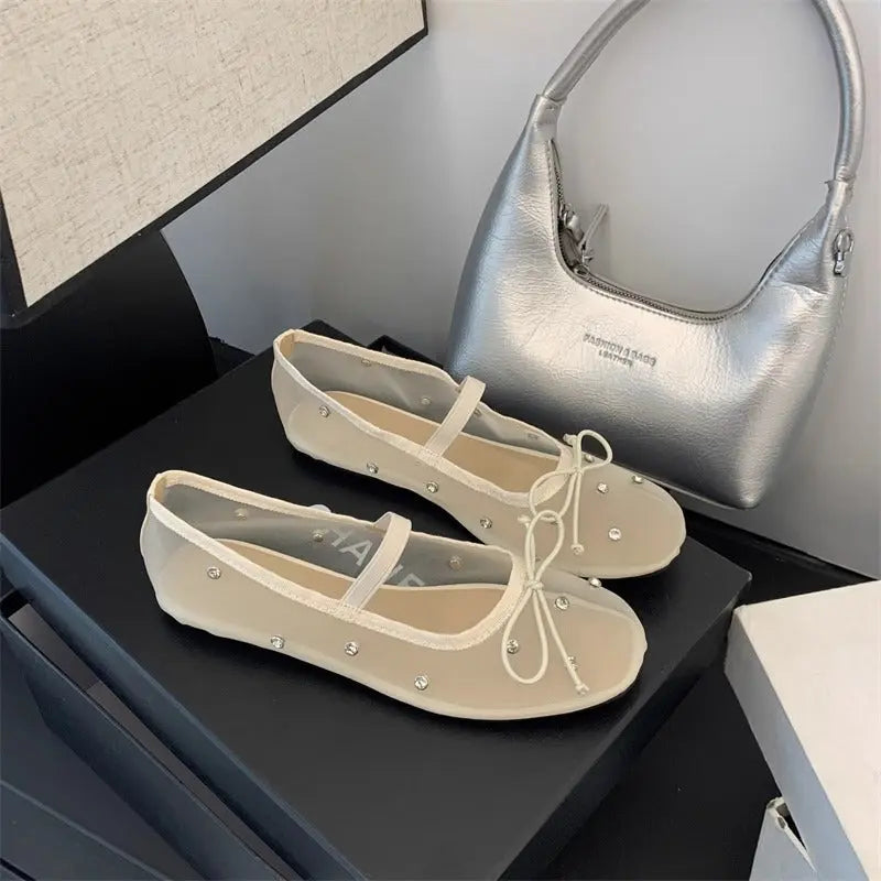 Summer Rhinestone-embellished Mesh Ballet Flats Braceora